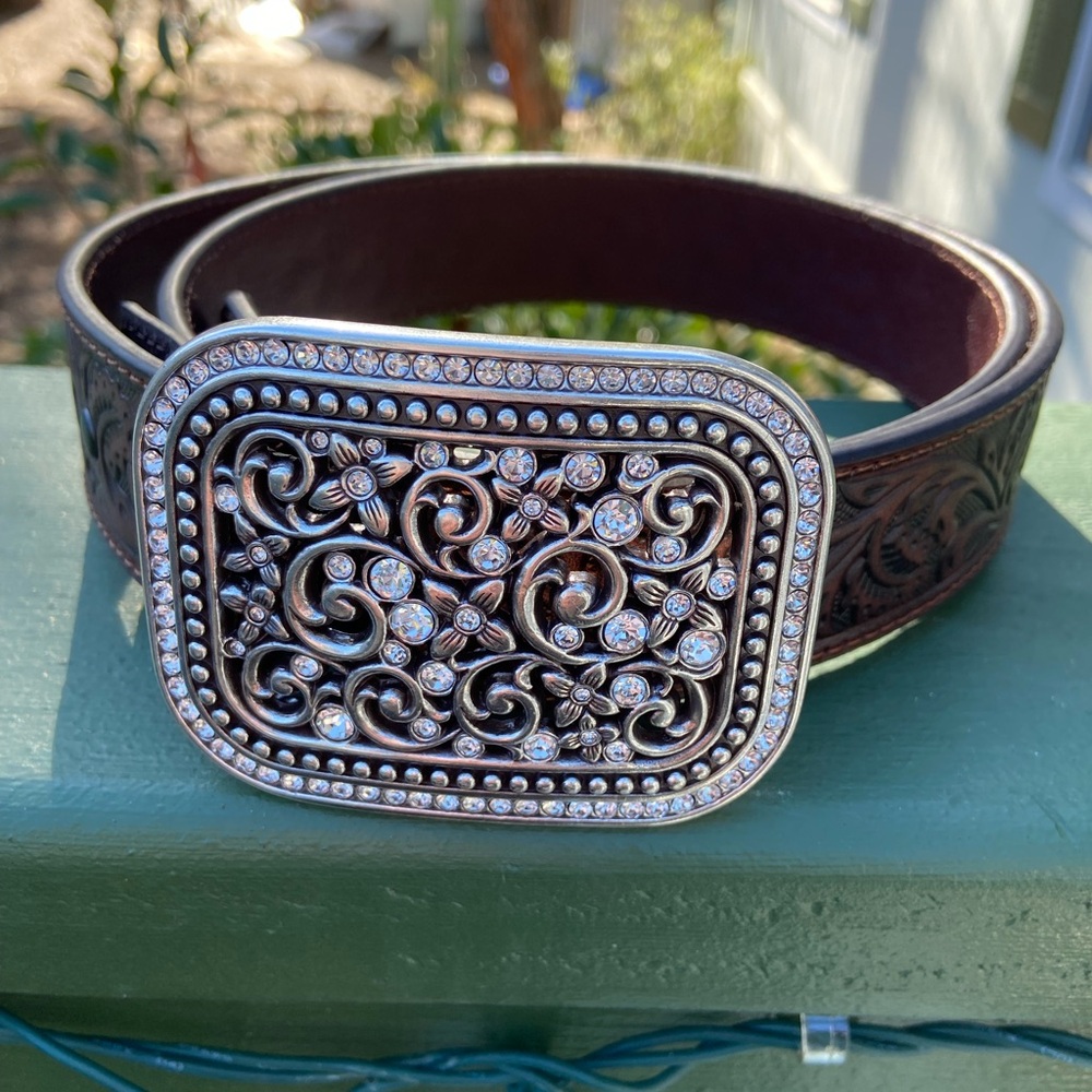 Ariat Brown Tooled Leather Belt with Ornate Silver-Tone Crystal Buckle